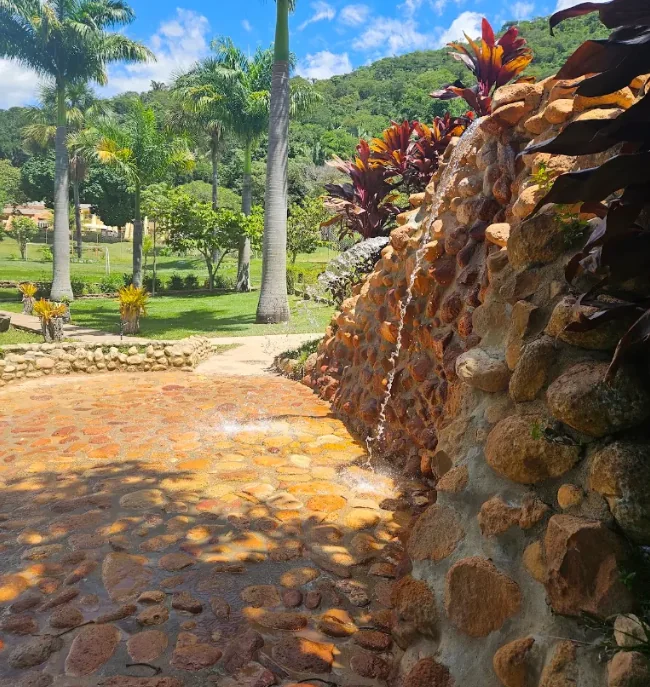 Água corrente nas históricas três bicas de pedra do Caldas, com os jardins ao fundo